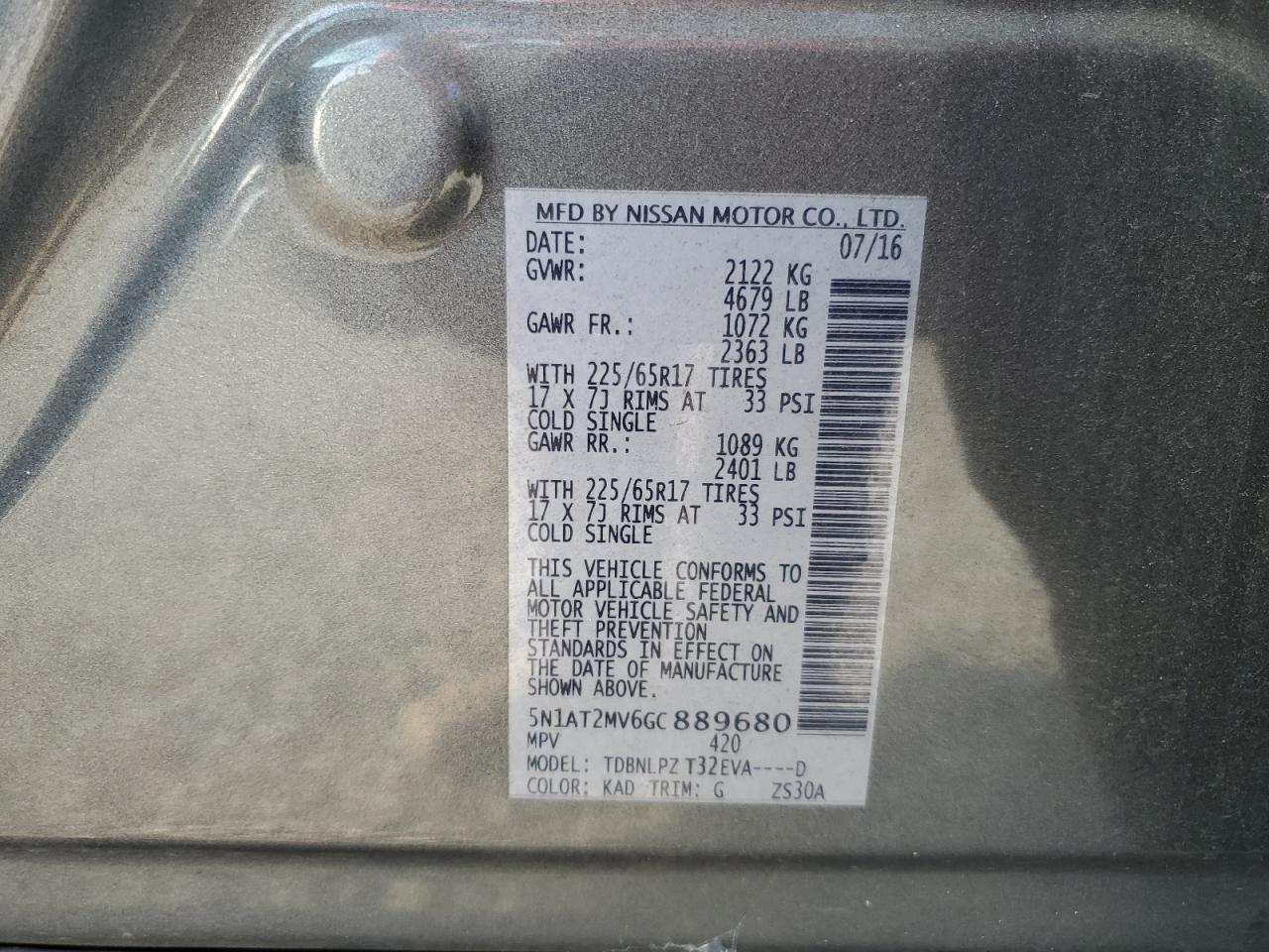 5N1AT2MV6GC889680 2016 Nissan Rogue S