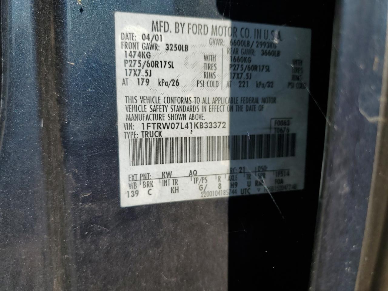 1FTRW07L41KB33372 2001 Ford F150 Supercrew