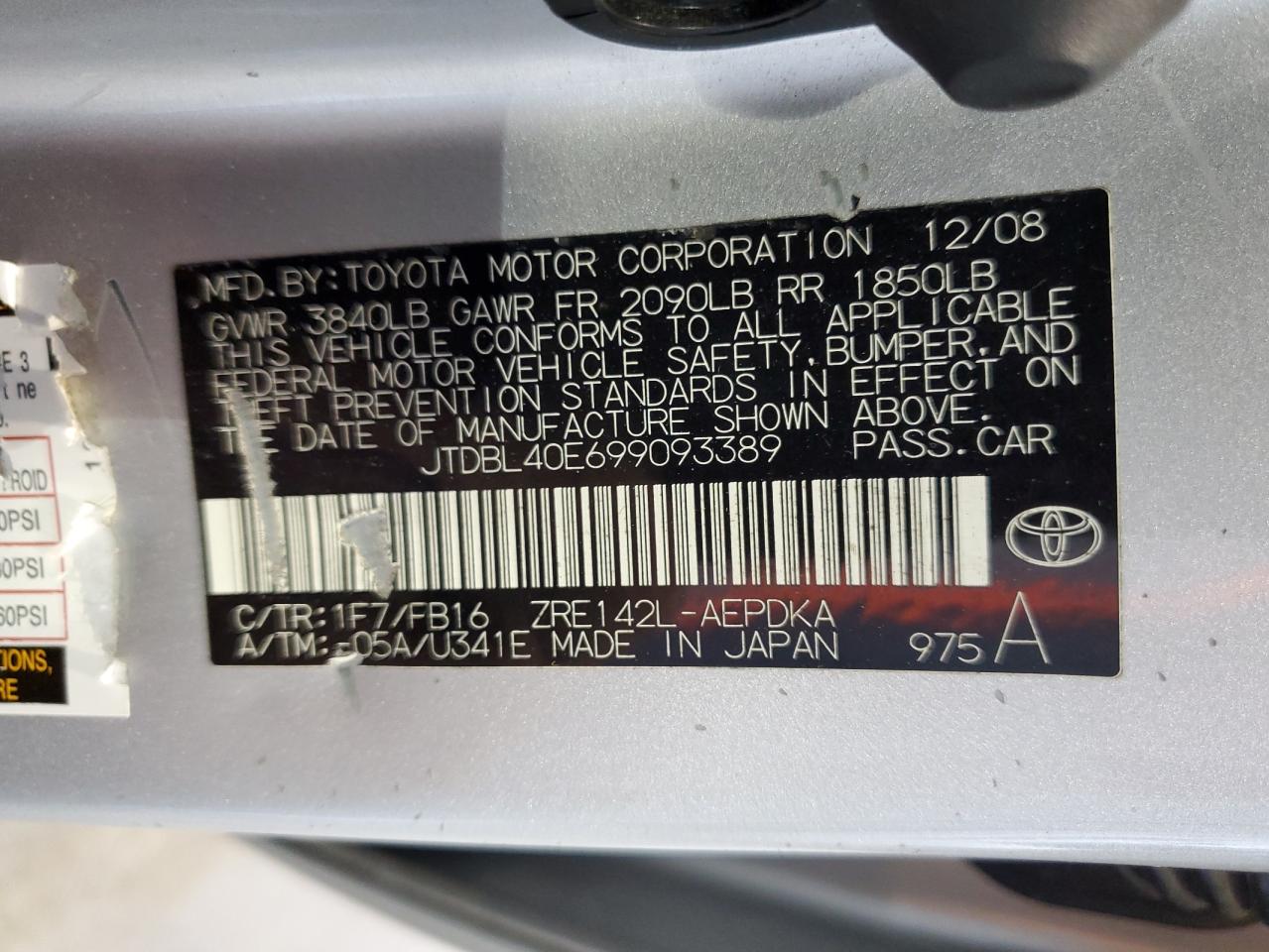 JTDBL40E699093389 2009 Toyota Corolla Base