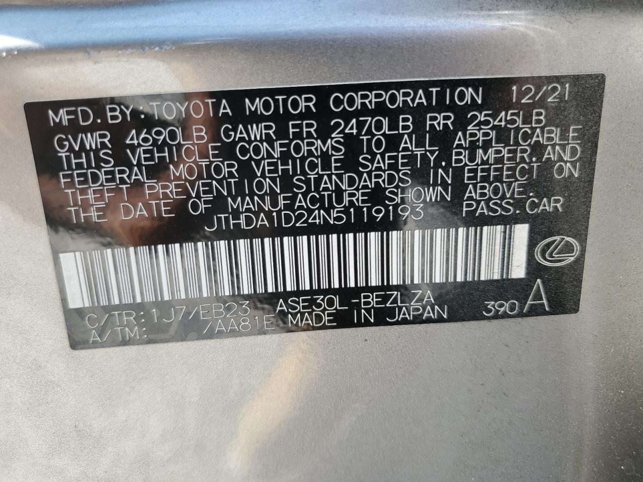 JTHDA1D24N5119193 2022 Lexus Is 300