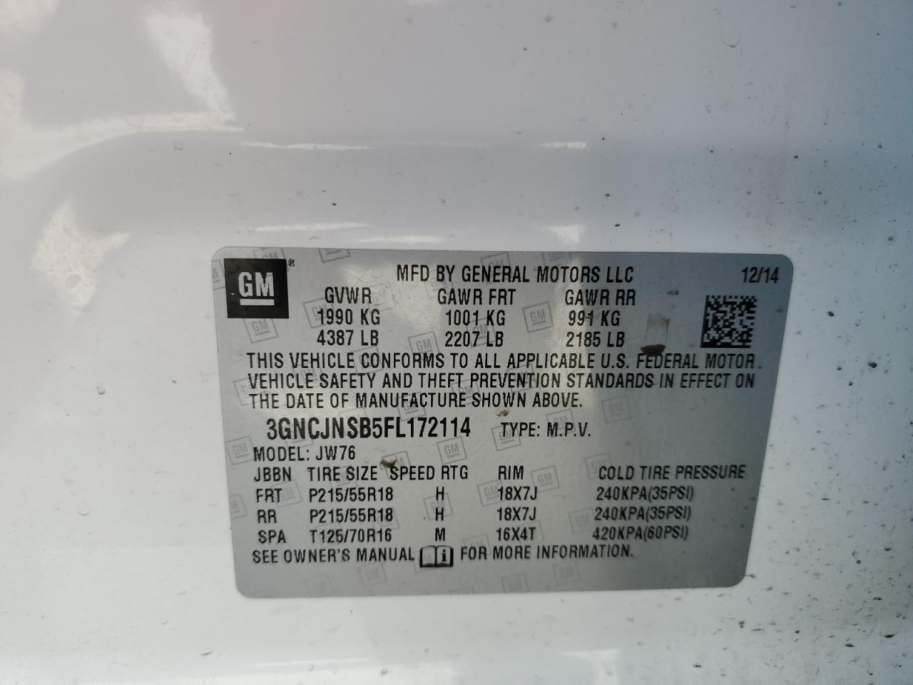 3GNCJNSB5FL172114 2015 Chevrolet Trax Ltz