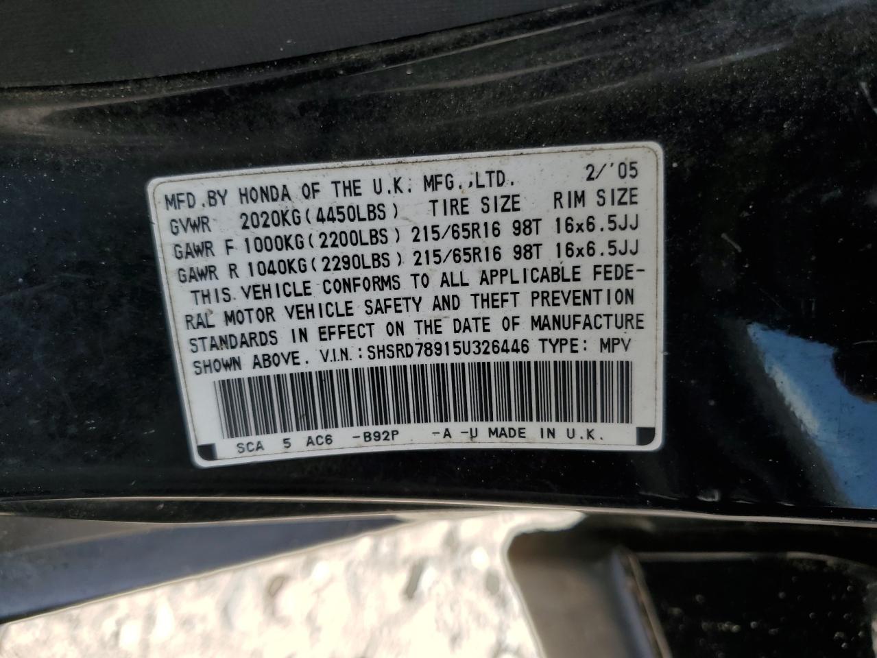 SHSRD78915U326446 2005 Honda Cr-V Se