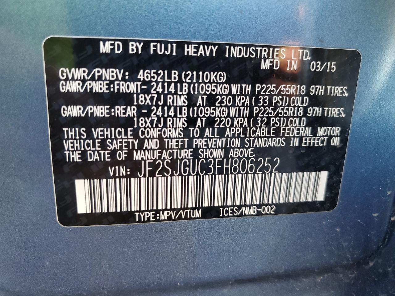 JF2SJGUC3FH806252 2015 Subaru Forester 2.0Xt Touring