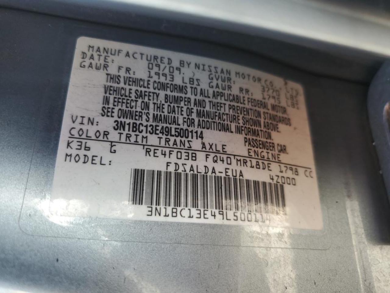 3N1BC13E49L500114 2009 Nissan Versa S