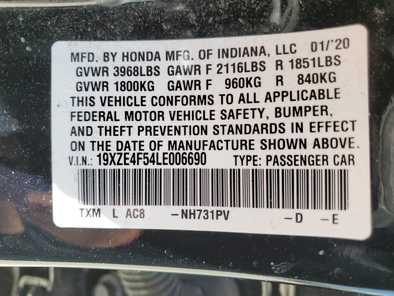 19XZE4F54LE006690 2020 Honda Insight Ex