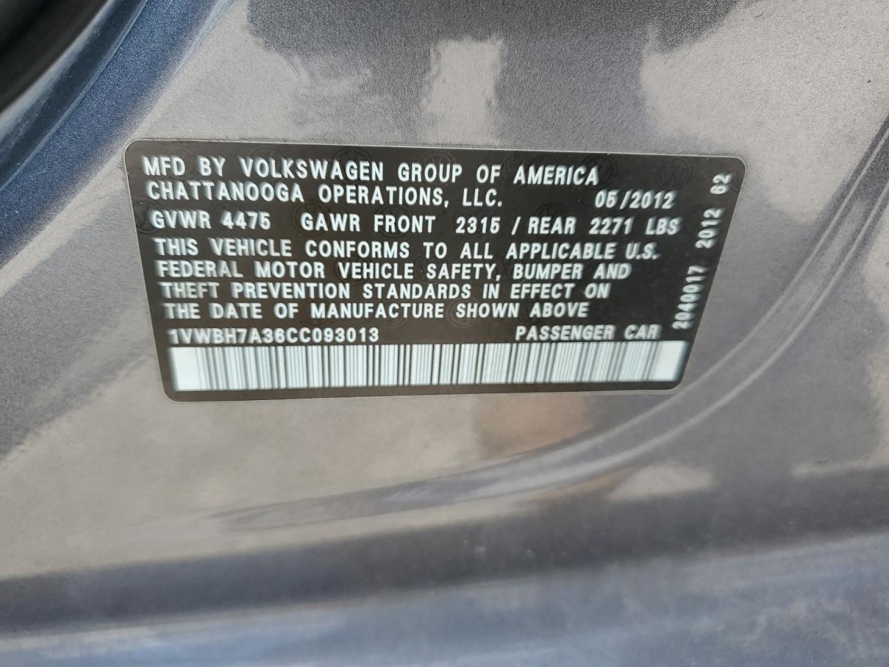 1VWBH7A36CC093013 2012 Volkswagen Passat Se