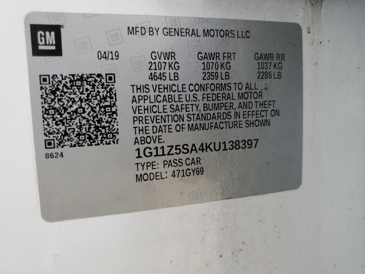 1G11Z5SA4KU138397 2019 Chevrolet Impala Lt