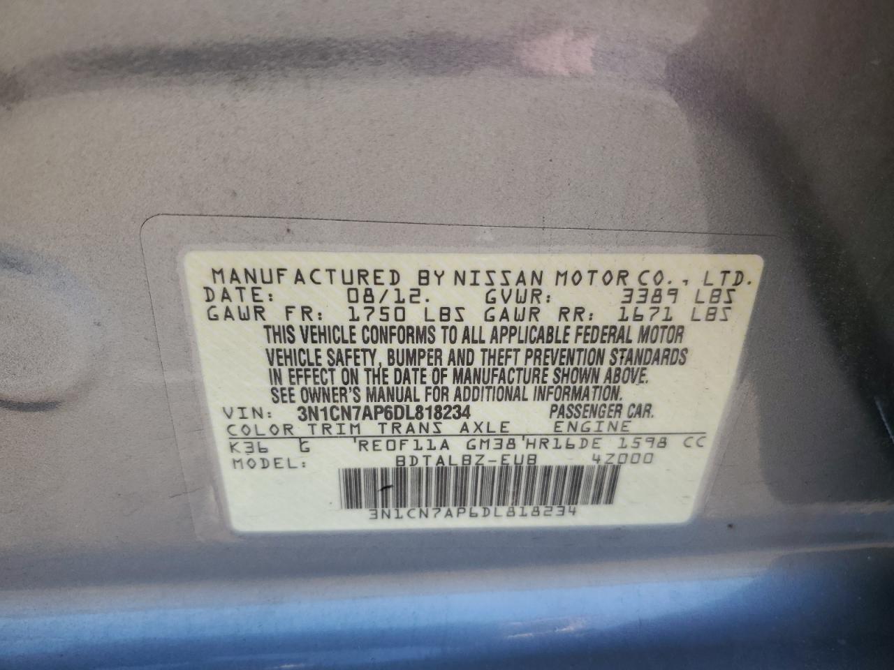 3N1CN7AP6DL818234 2013 Nissan Versa S