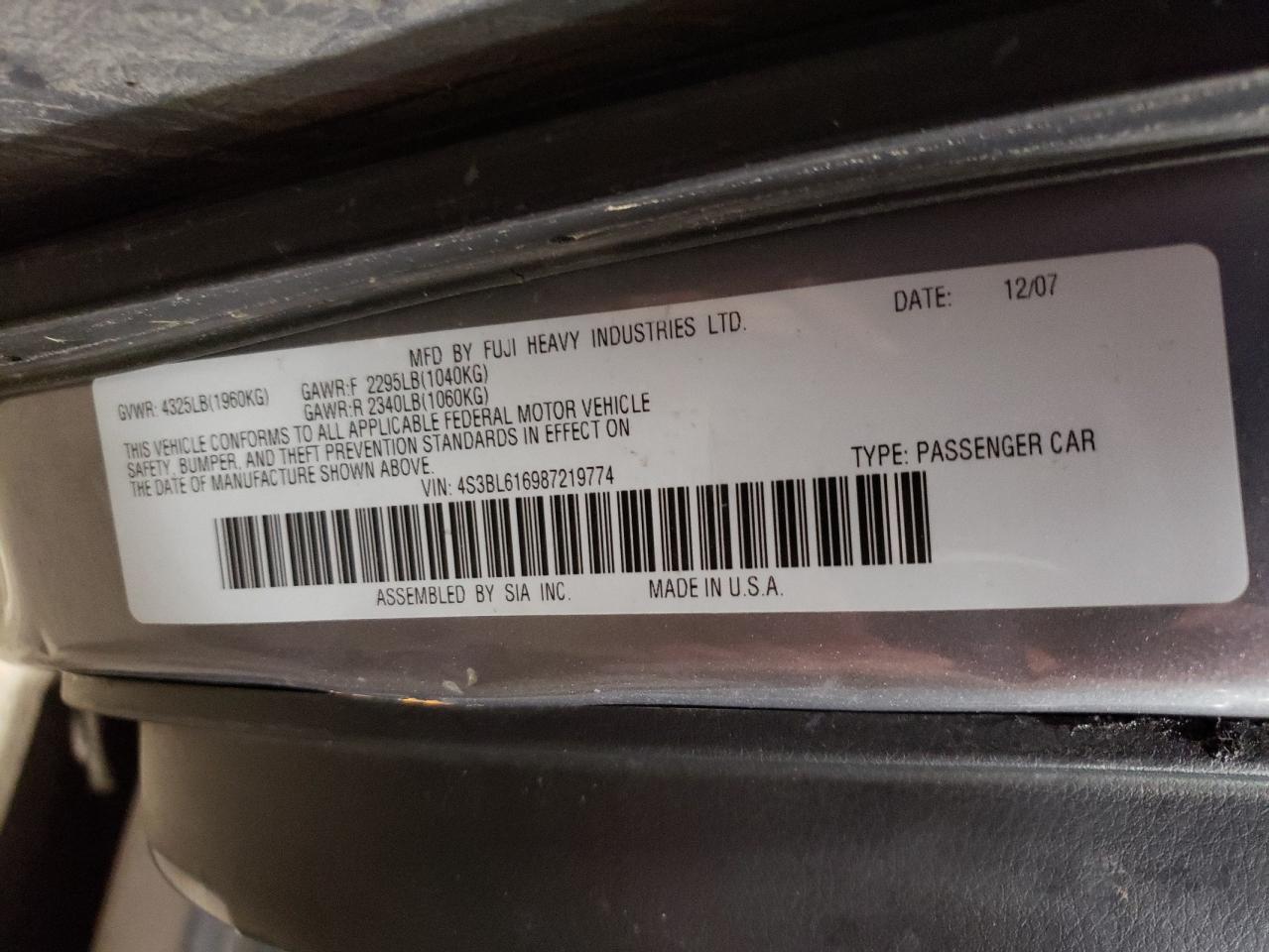 4S3BL616987219774 2008 Subaru Legacy 2.5I