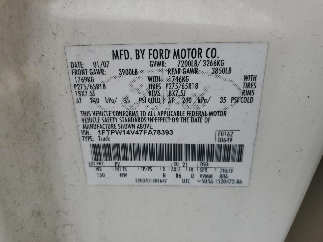 1FTPW14V47FA78393 2007 Ford F150 Supercrew