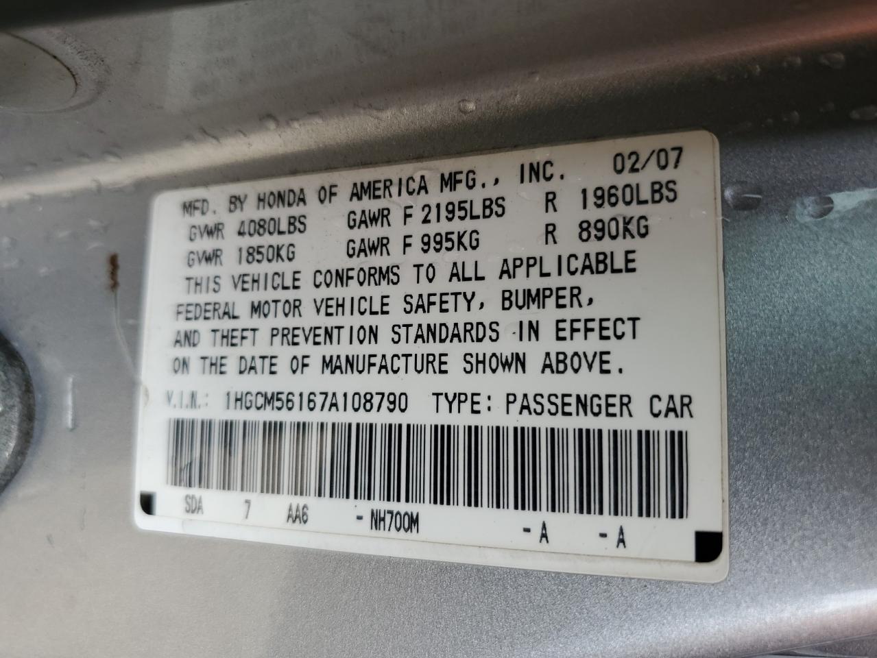 1HGCM56167A108790 2007 Honda Accord Value