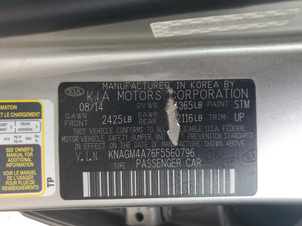 KNAGM4A76F5560796 2015 Kia Optima Lx