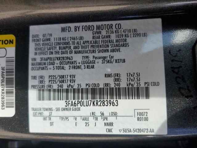 VIN 3FA6P0LU7KR283963 2019 Ford Fusion, SE no.13