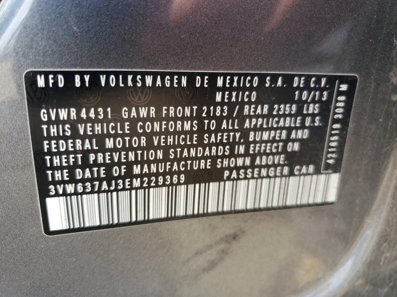 3VW637AJ3EM229369 2014 Volkswagen Jetta Hybrid