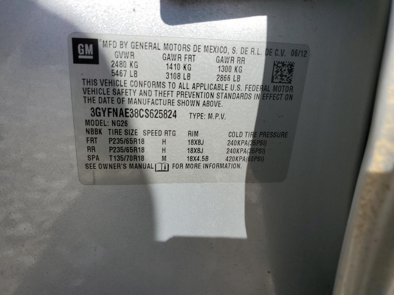 3GYFNAE38CS625824 2012 Cadillac Srx Luxury Collection