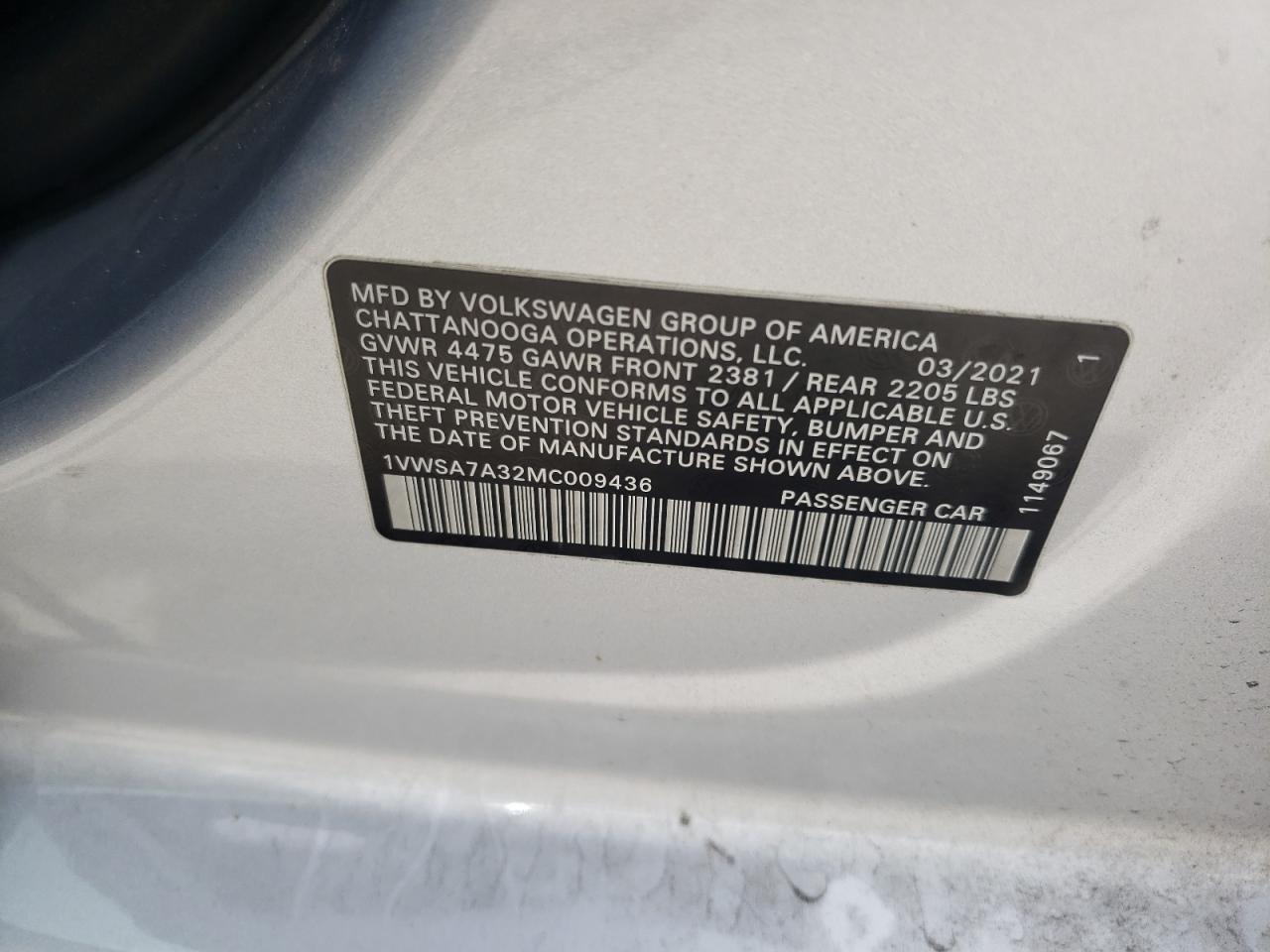 1VWSA7A32MC009436 2021 Volkswagen Passat Se