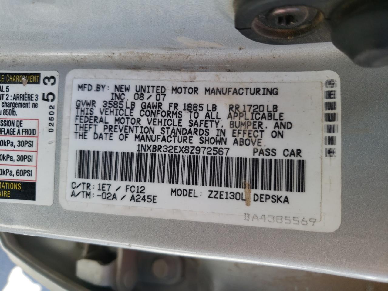 1NXBR32EX8Z972567 2008 Toyota Corolla Ce