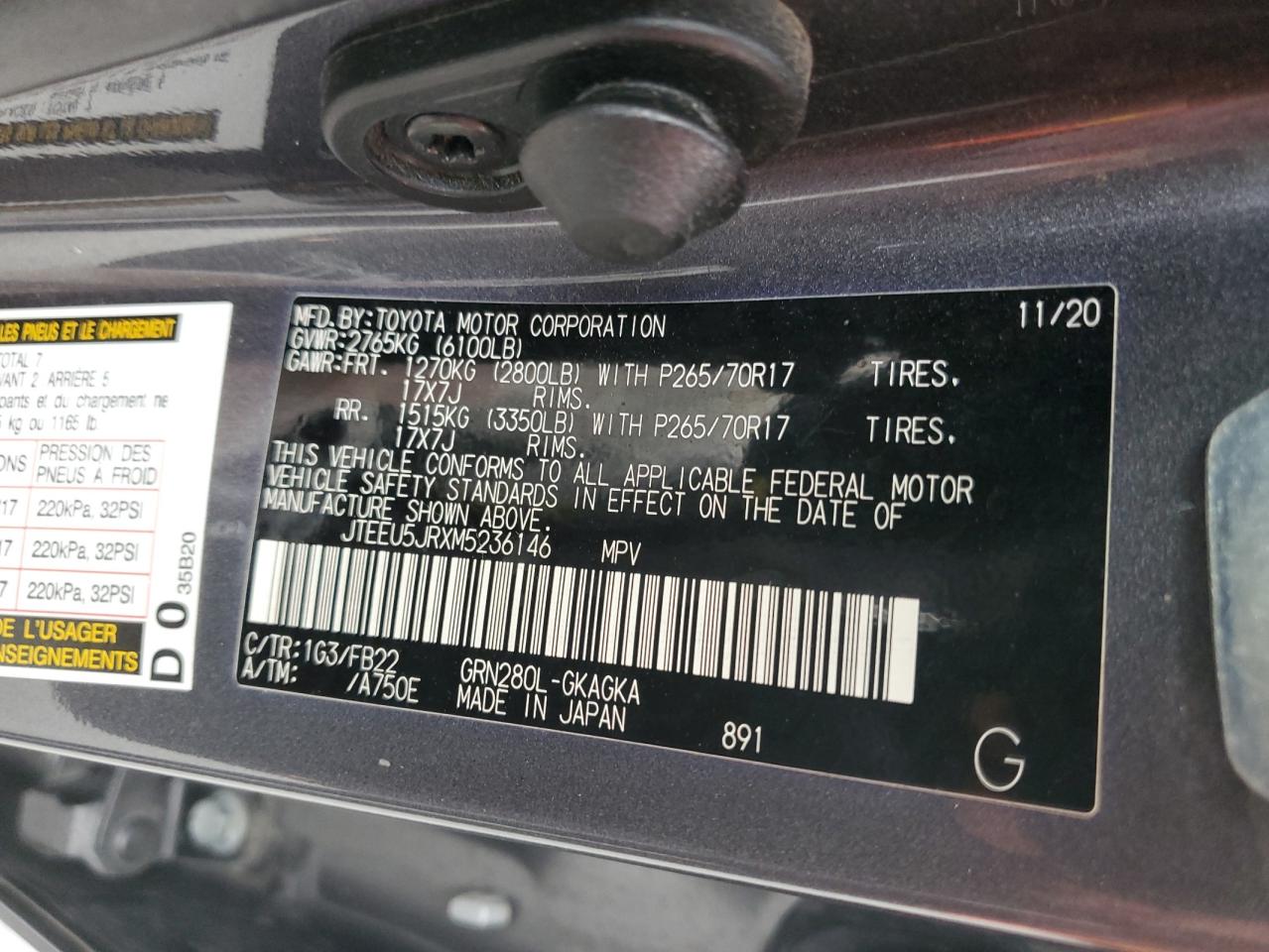 JTEEU5JRXM5236146 2021 Toyota 4Runner Sr5