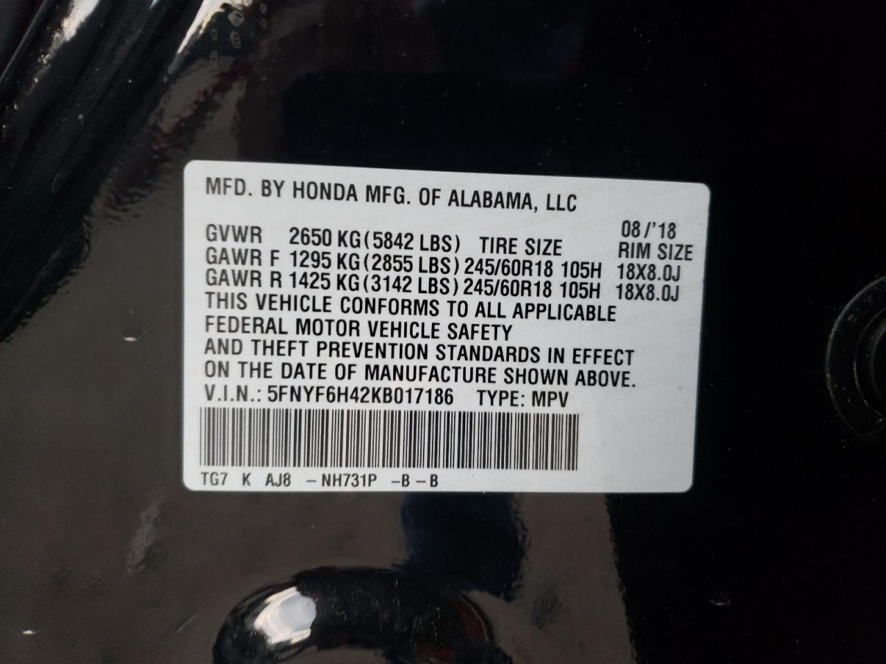 5FNYF6H42KB017186 2019 Honda Pilot Exl