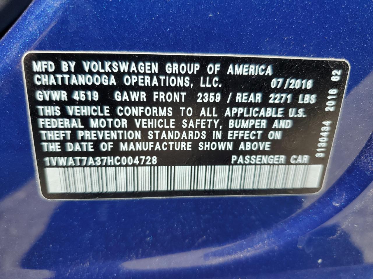 1VWAT7A37HC004728 2017 Volkswagen Passat S