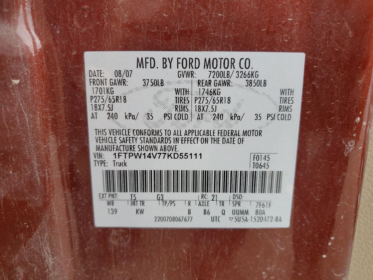 1FTPW14VX7KD45382 2007 Ford F150 Supercrew