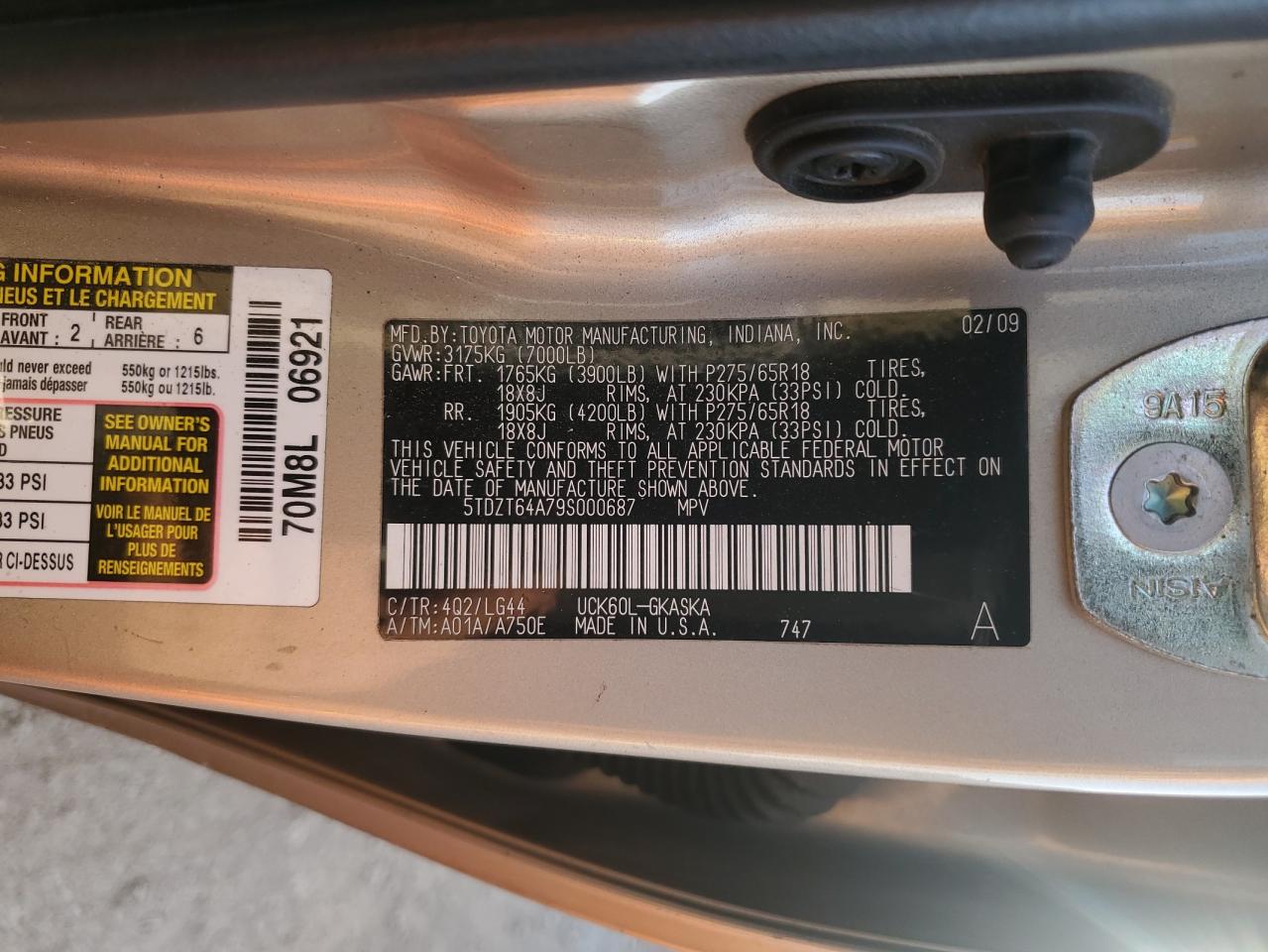 5TDZT64A79S000687 2009 Toyota Sequoia Sr5