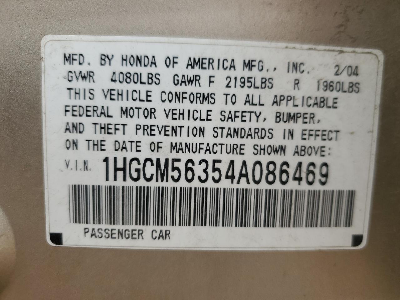 1HGCM56354A086469 2004 Honda Accord Lx