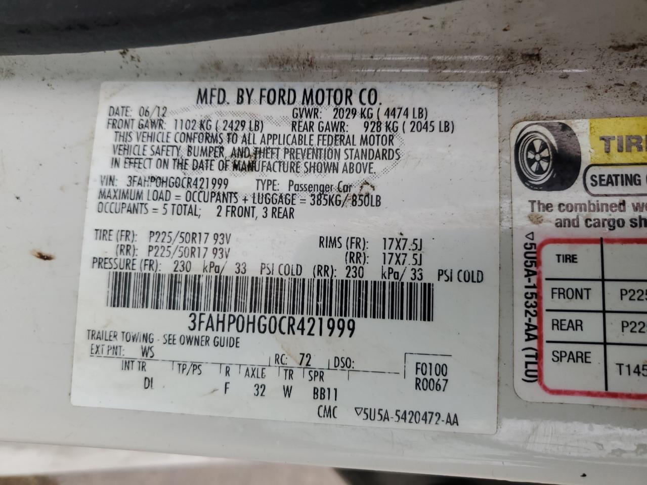 3FAHP0HG0CR421999 2012 Ford Fusion Se