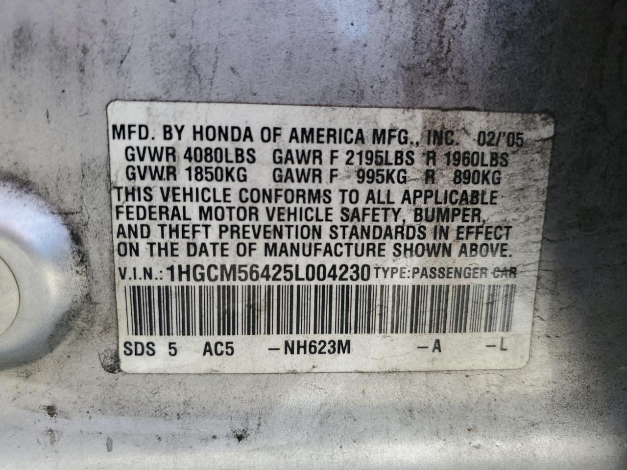 1HGCM56425L004230 2005 Honda Accord Lx