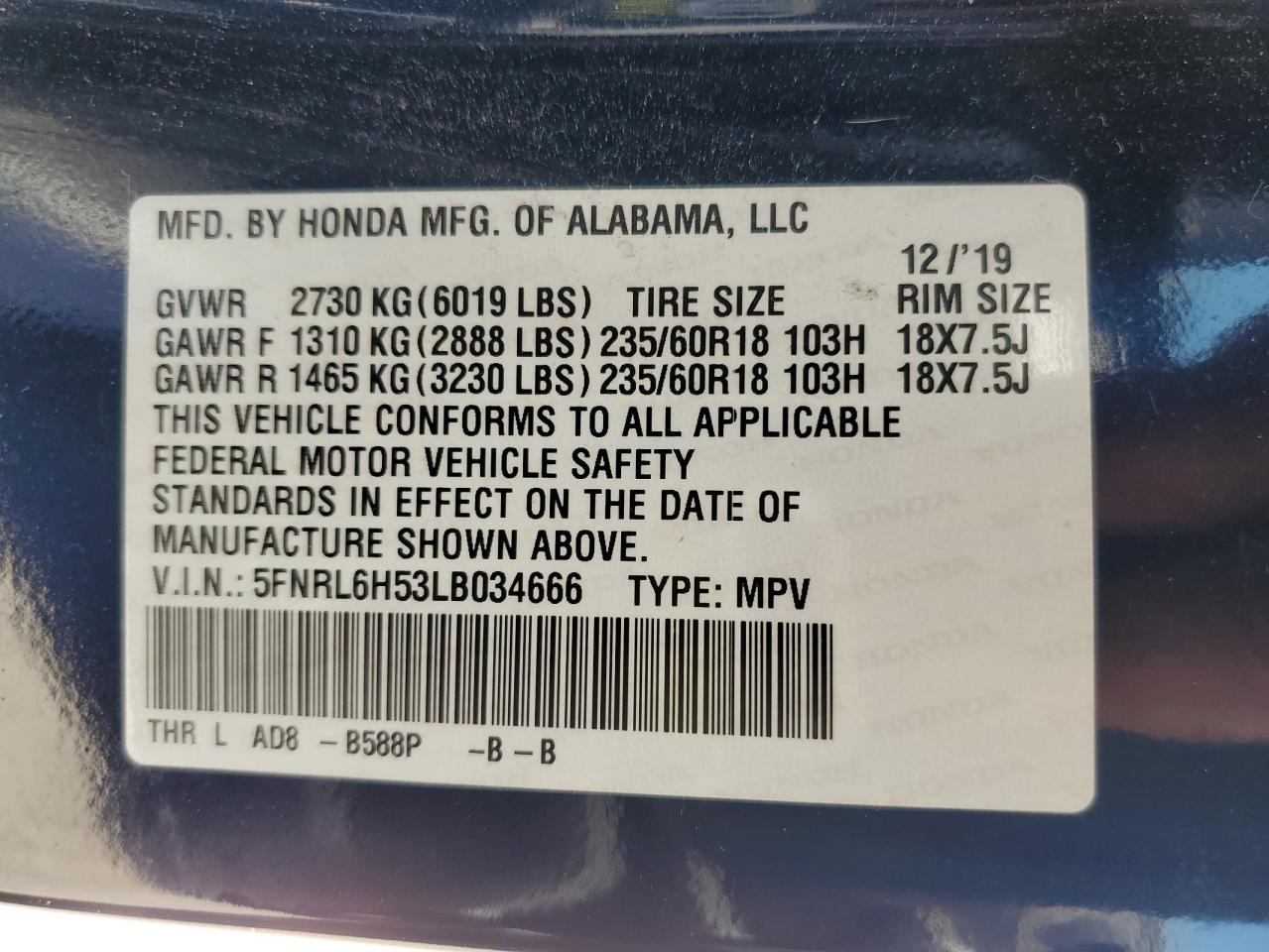 5FNRL6H53LB034666 2020 Honda Odyssey Ex