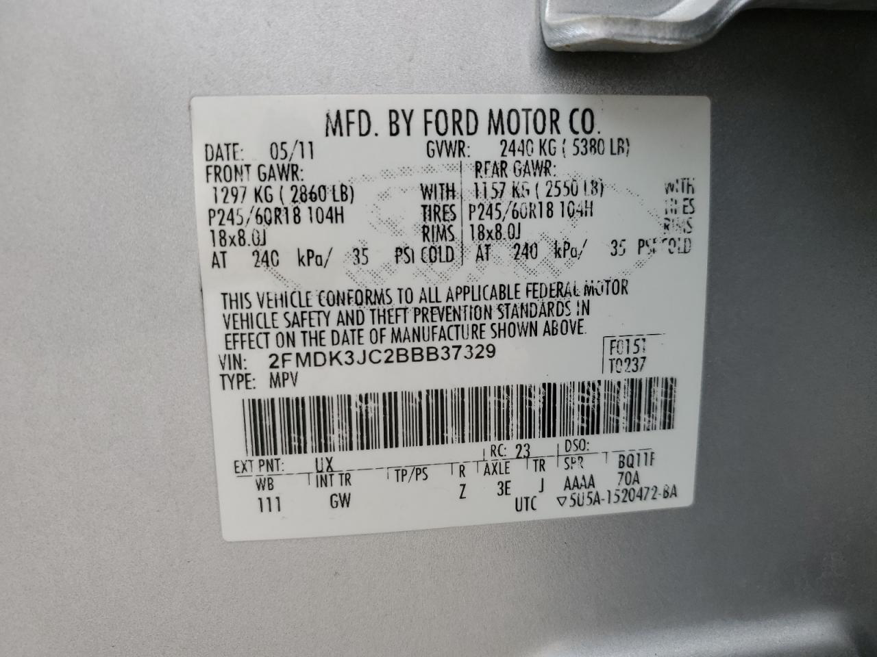 2FMDK3JC2BBB37329 2011 Ford Edge Sel