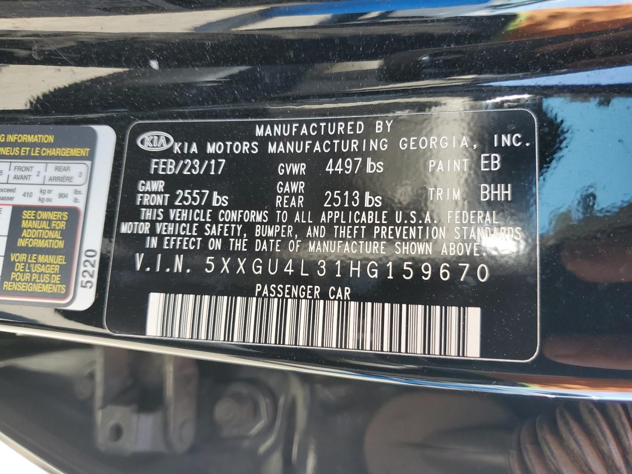 5XXGU4L31HG159670 2017 Kia Optima Ex