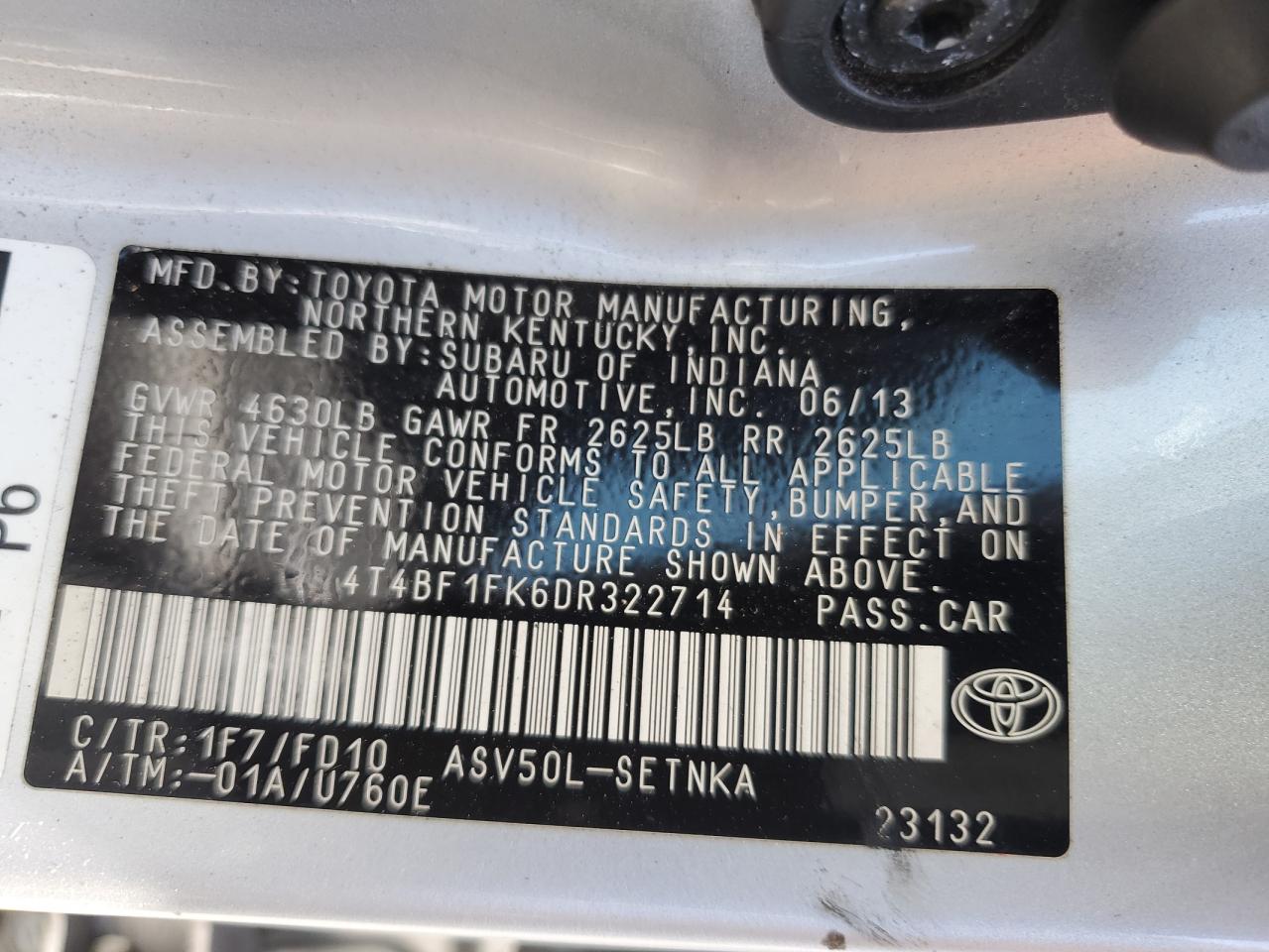 4T4BF1FK6DR322714 2013 Toyota Camry L