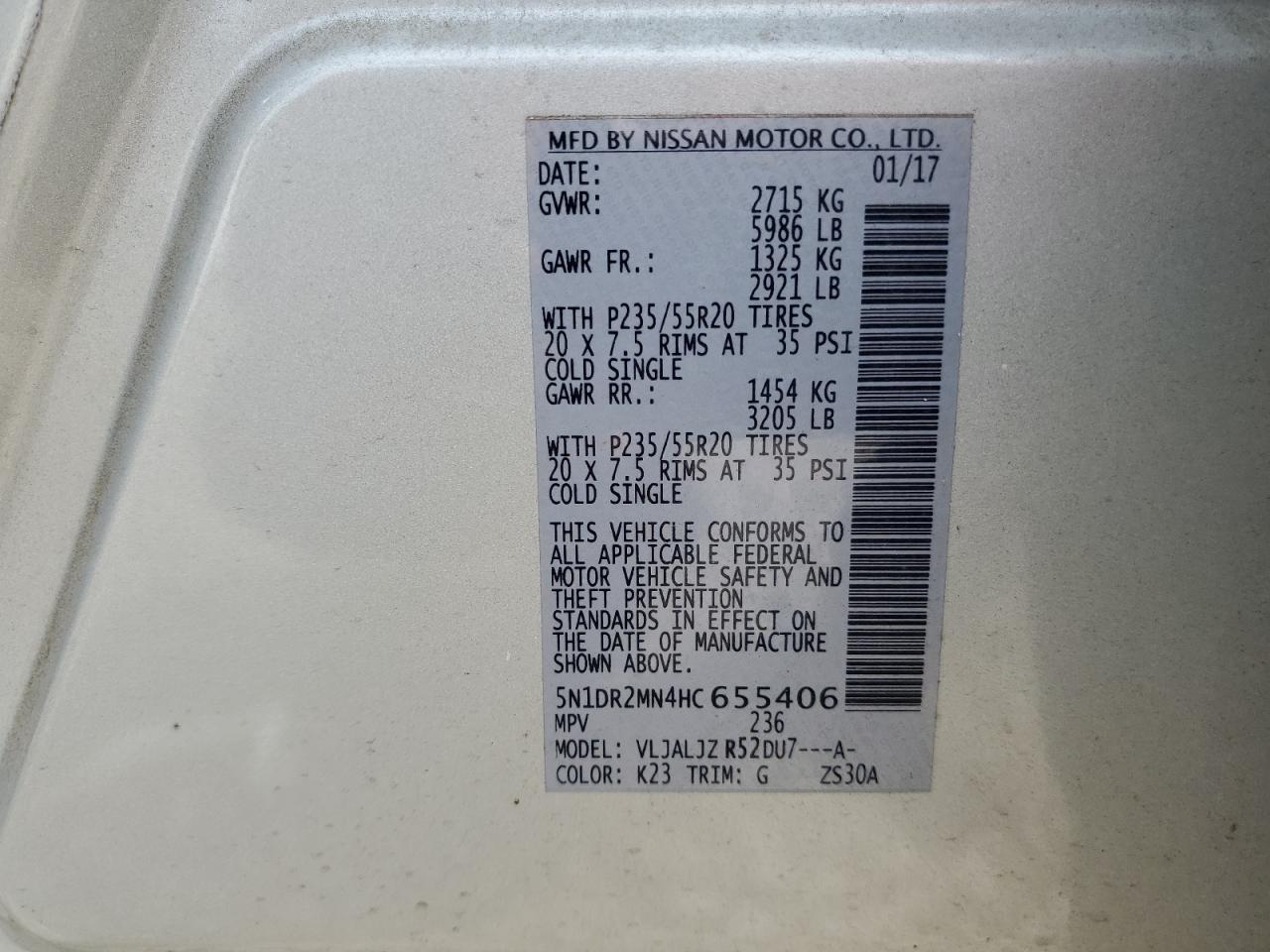 5N1DR2MN4HC655406 2017 Nissan Pathfinder S