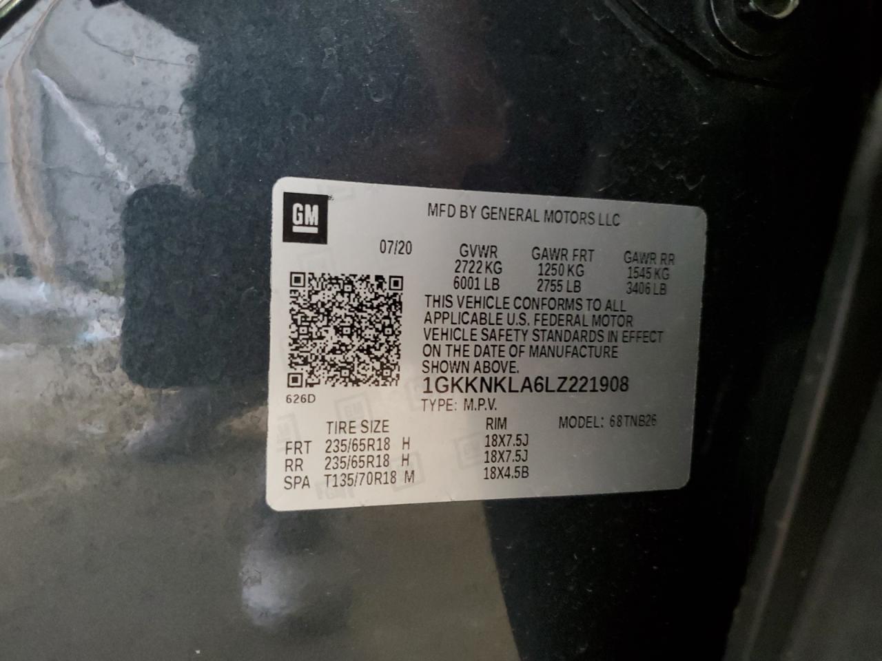 1GKKNKLA6LZ221908 2020 GMC Acadia Sle