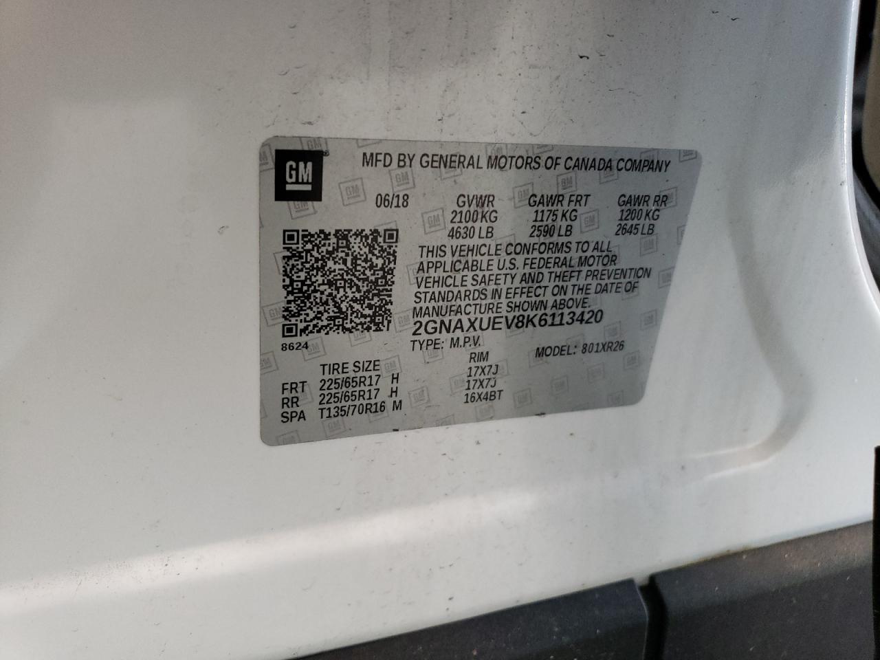 2GNAXUEV8K6113420 2019 Chevrolet Equinox Lt