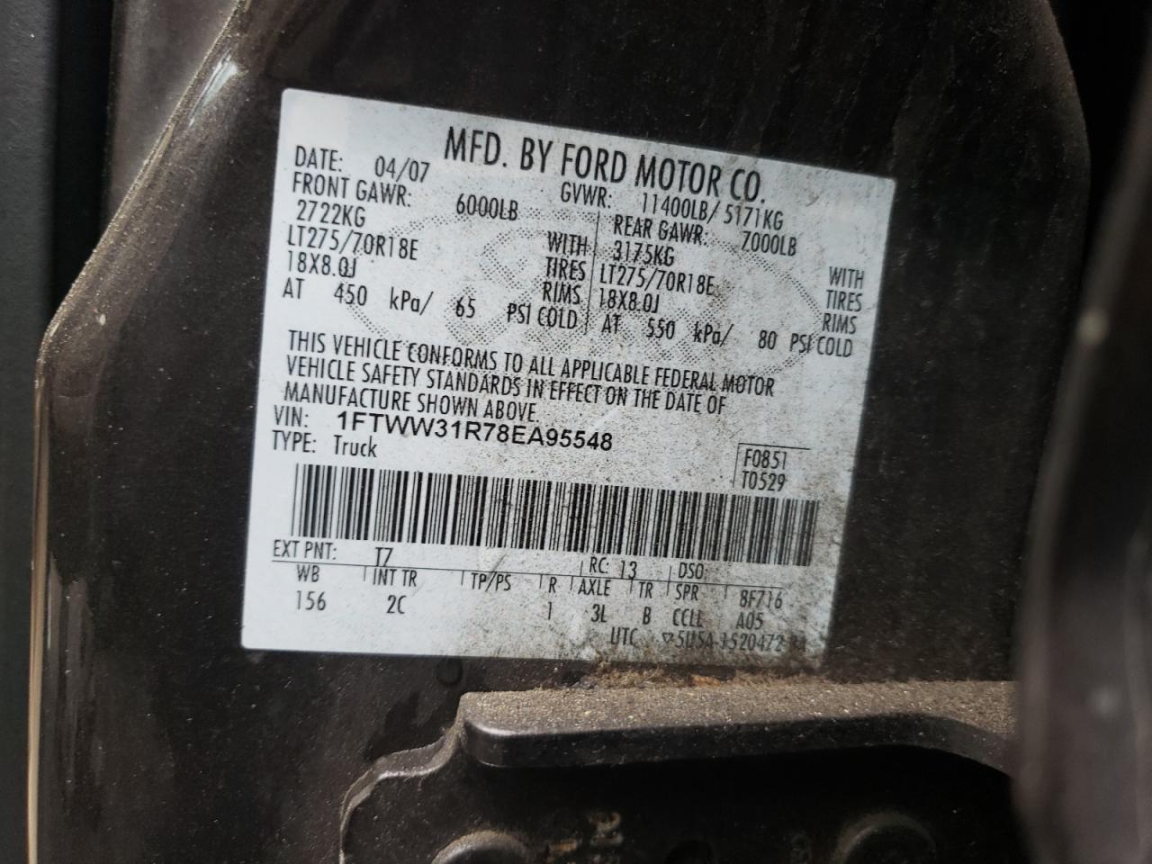 1FTWW31R78EA95548 2008 Ford F350 Srw Super Duty