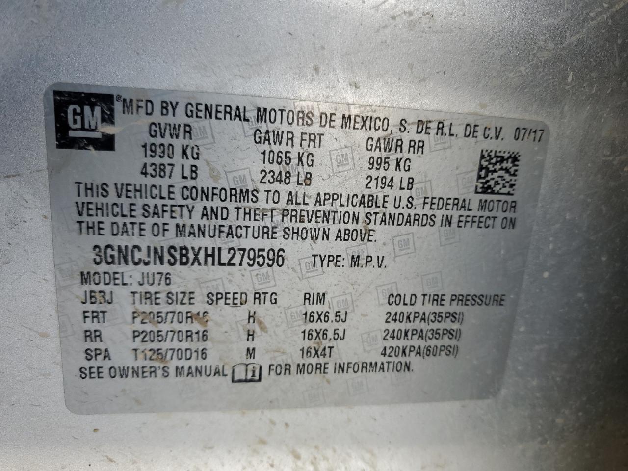 3GNCJNSBXHL279596 2017 Chevrolet Trax Ls