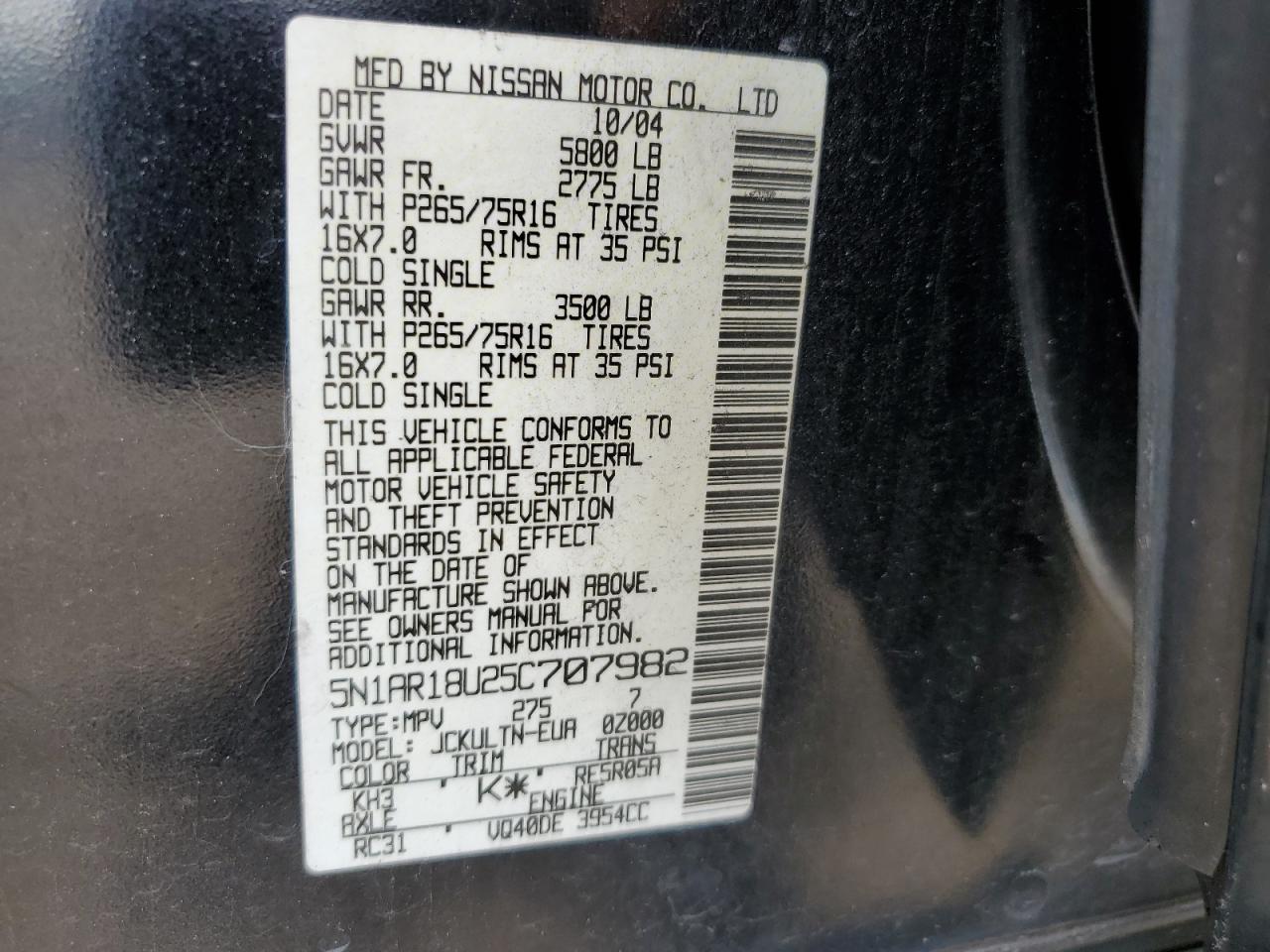 5N1AR18U25C707982 2005 Nissan Pathfinder Le