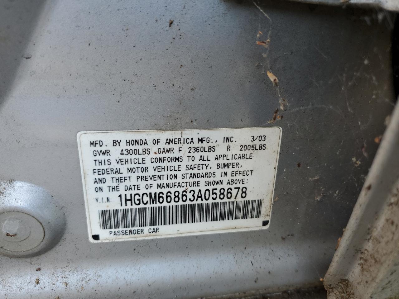 1HGCM66863A058678 2003 Honda Accord Ex