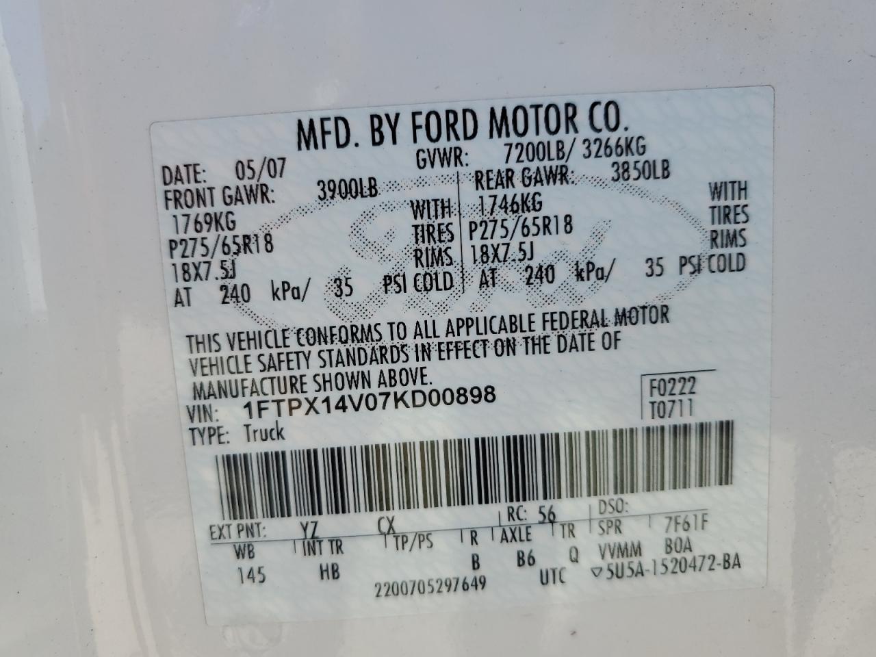 1FTPX14V07KD00898 2007 Ford F150