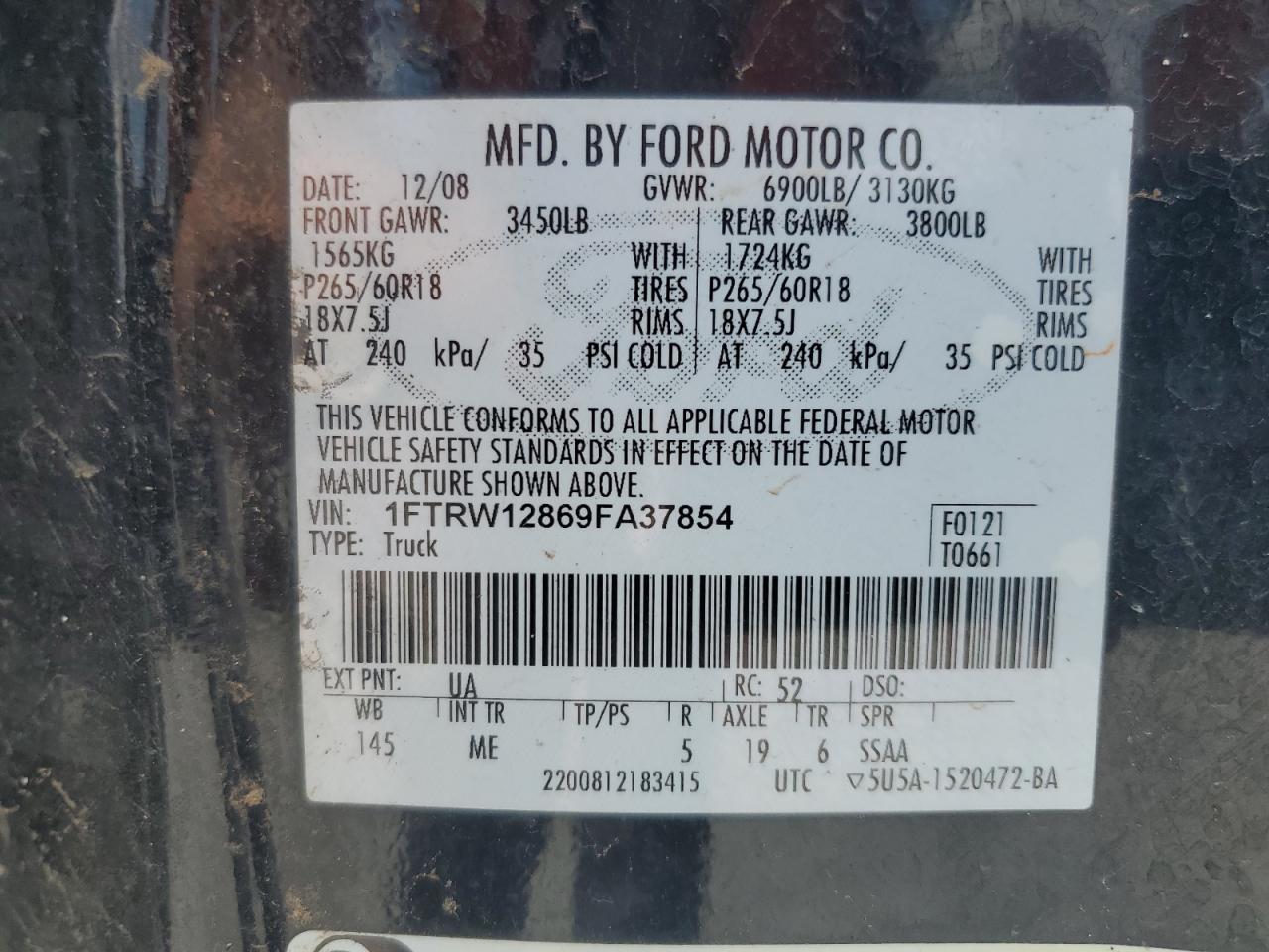 1FTRW12869FA37854 2009 Ford F150 Supercrew