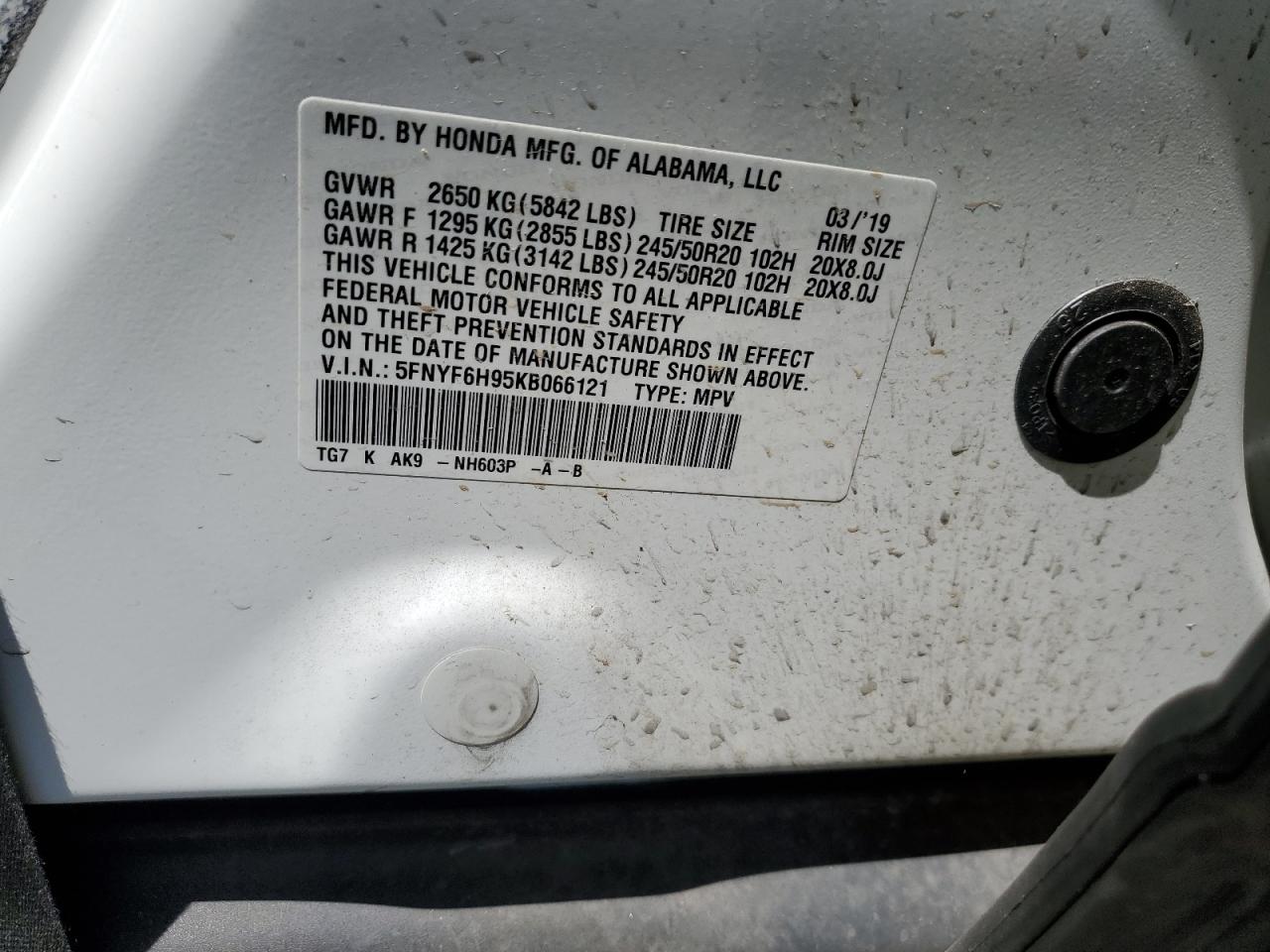 5FNYF6H95KB066121 2019 Honda Pilot Touring