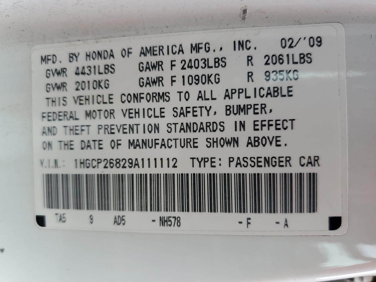 1HGCP26829A111112 2009 Honda Accord Exl