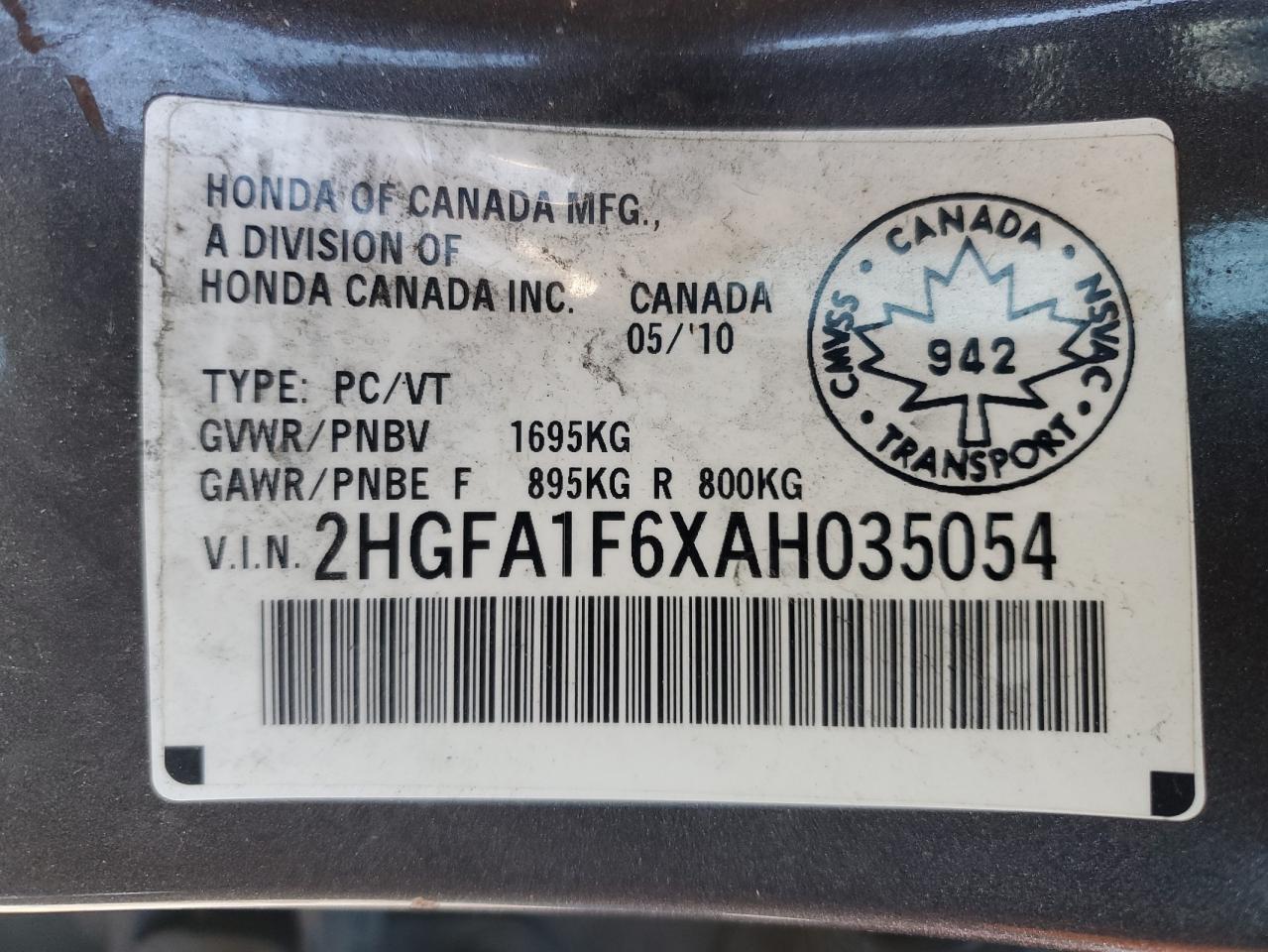 2HGFA1F6XAH035054 2010 Honda Civic Lx-S