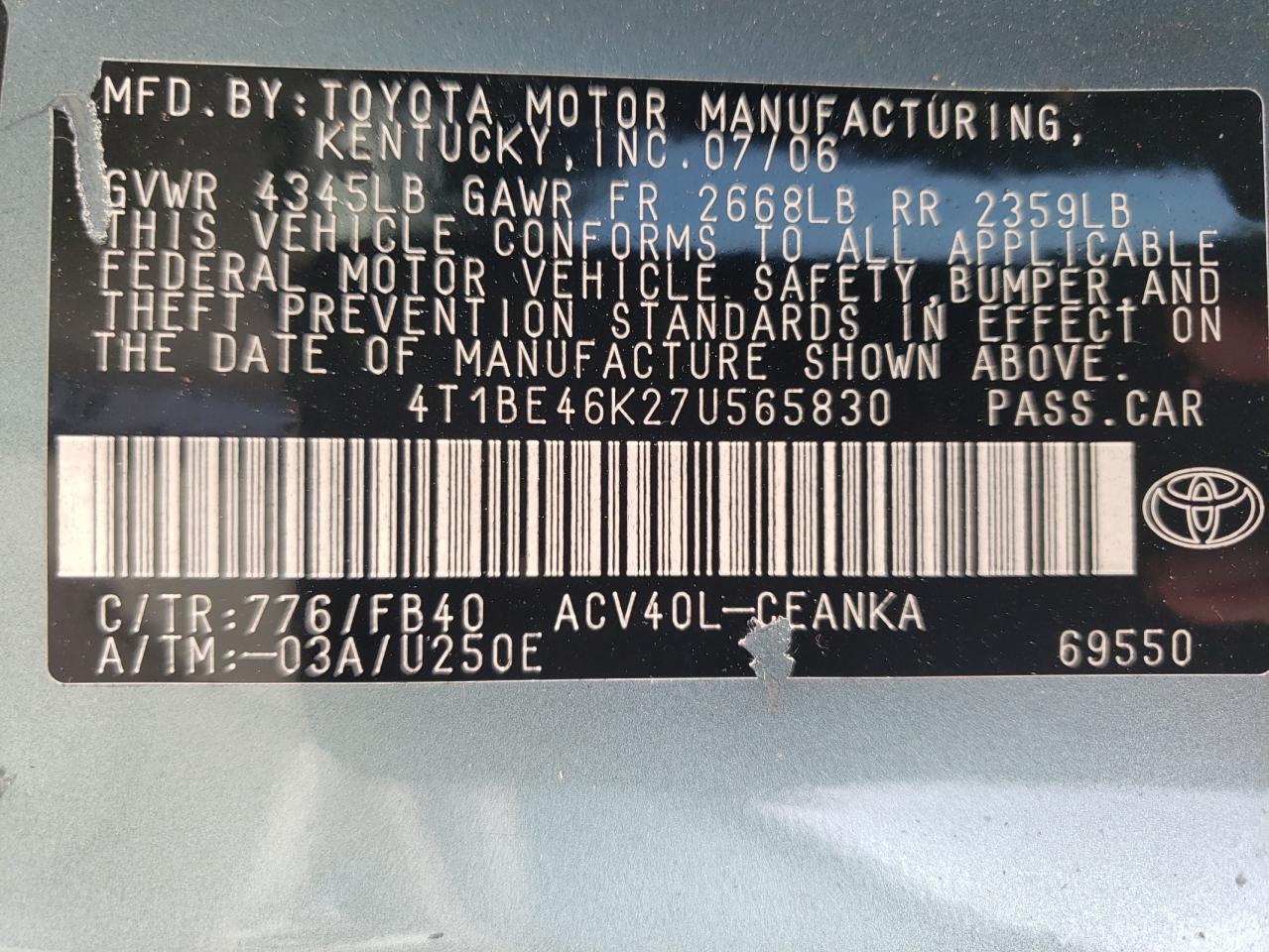 4T1BE46K27U565830 2007 Toyota Camry Ce