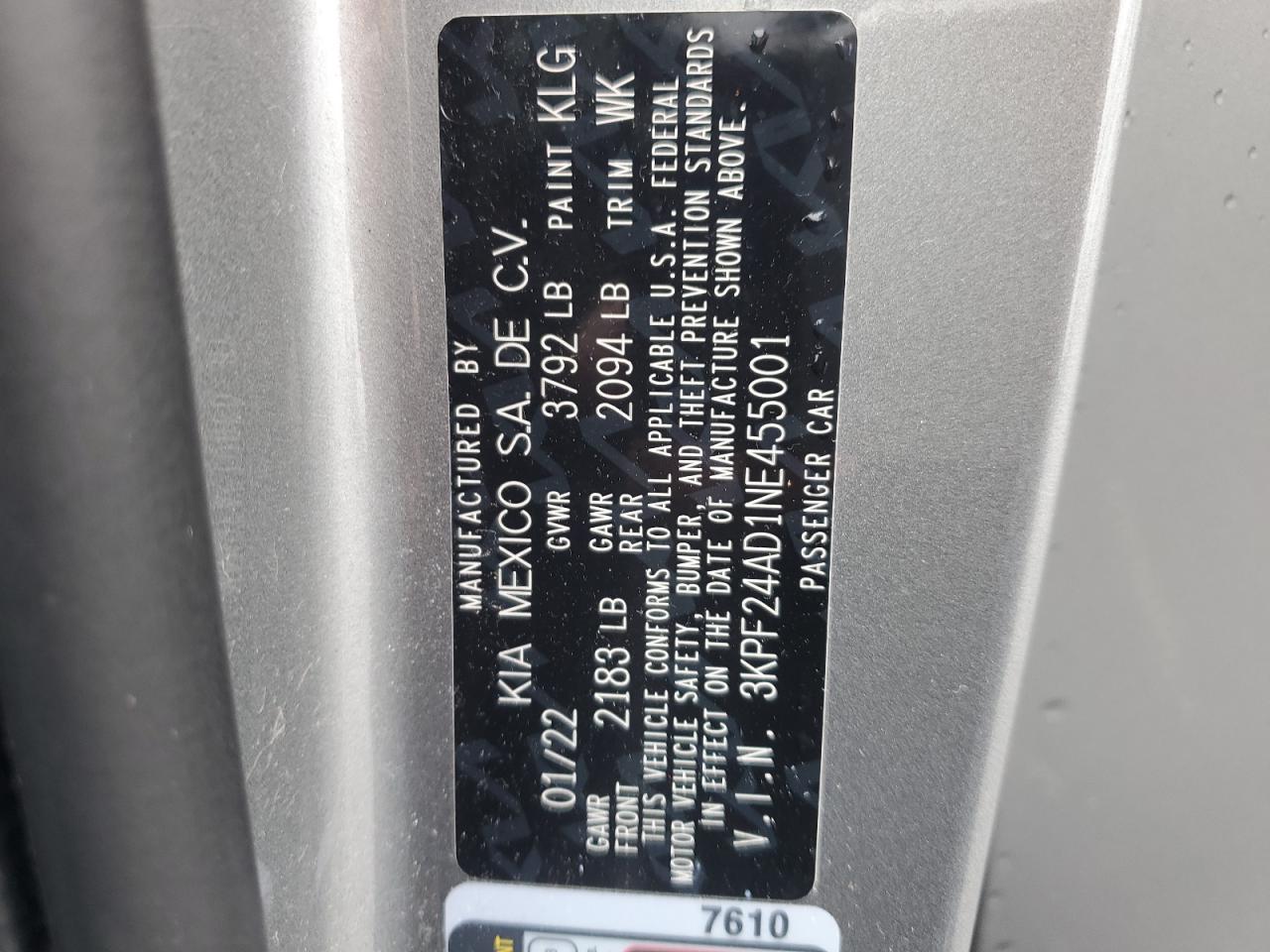 3KPF24AD1NE455001 2022 Kia Forte Fe