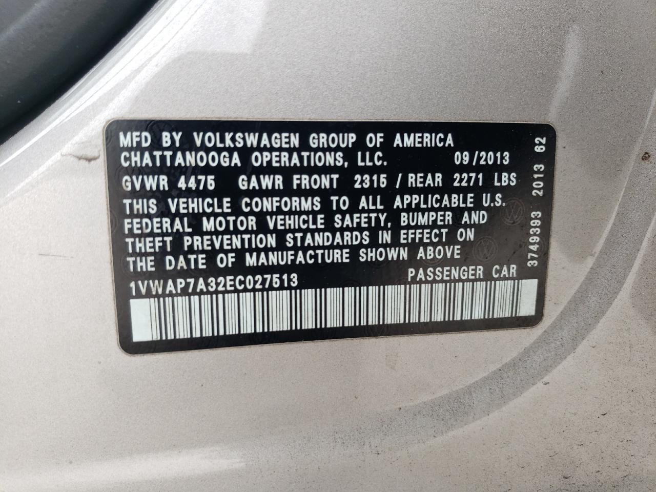 2014 Volkswagen Passat S vin: 1VWAP7A32EC027513