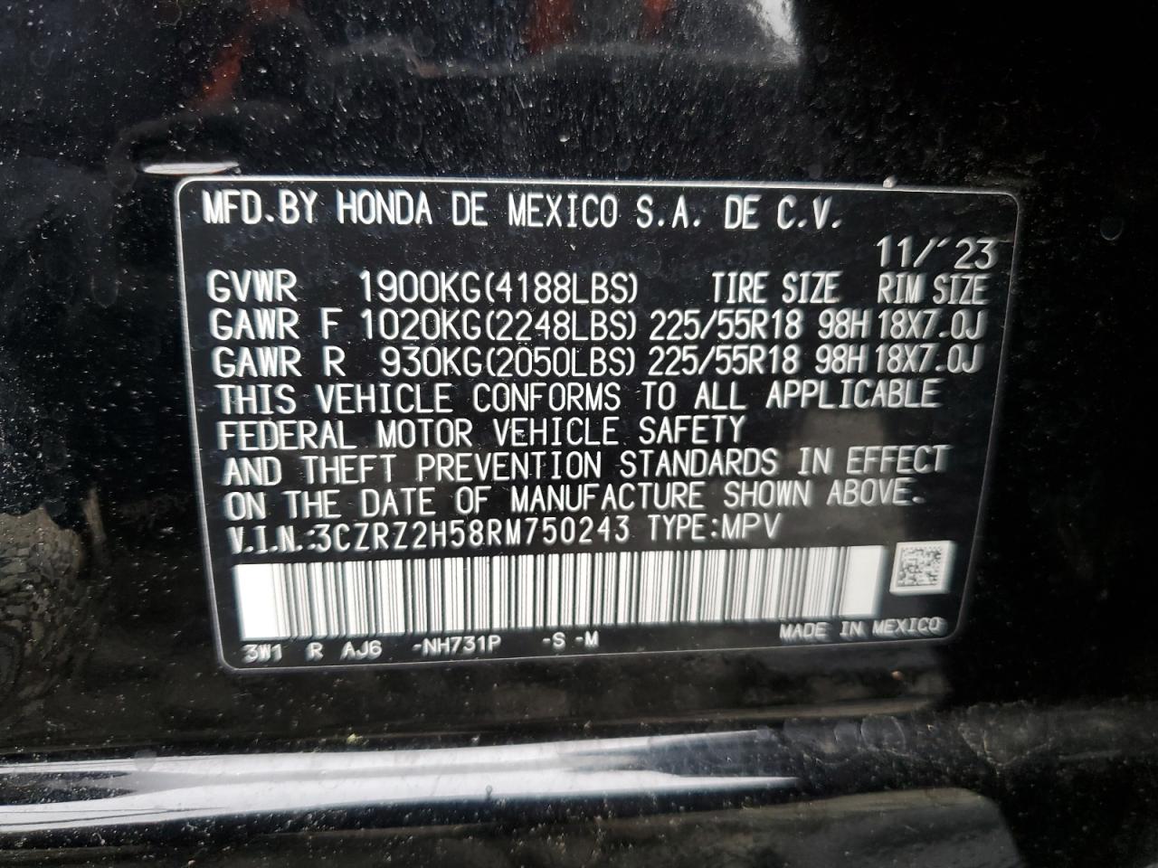 3CZRZ2H58RM750243 2024 Honda Hr-V Sport