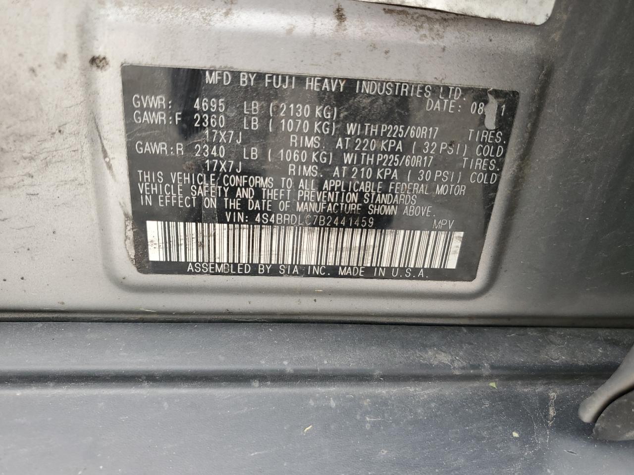 4S4BRDLC7B2441459 2011 Subaru Outback 3.6R Limited